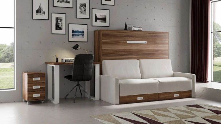 Lit escamotable horizontal avec canapé coffre, étagères et accoudoirs
