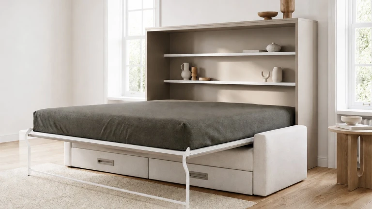 Lit escamotable horizontal avec canapé coffre, étagères et accoudoirs