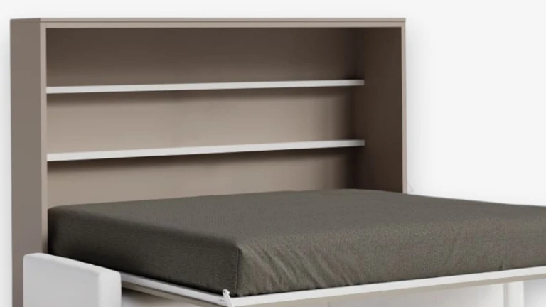 Lit escamotable horizontal avec canapé coffre, étagères et accoudoirs