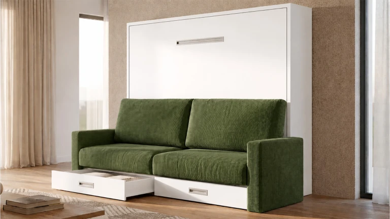 Lit escamotable horizontal avec canapé coffre, étagères et accoudoirs