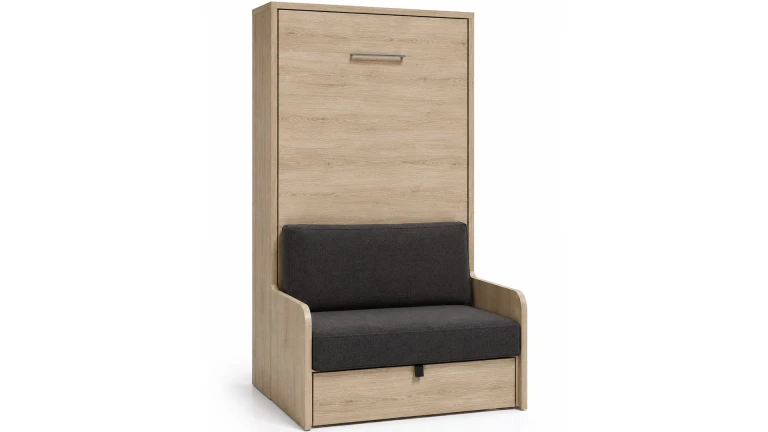Lit escamotable vertical autoportant avec canapé, spécial pour les murs en plaques de plâtre.