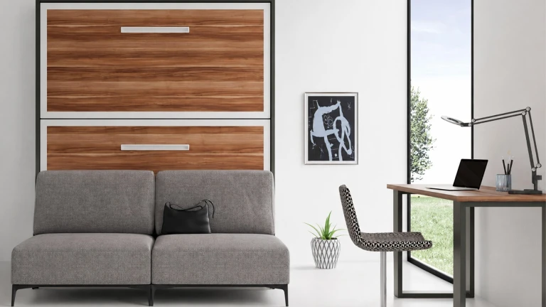 Un lit superposé escamotable avec canapé intégré au design très élégant.