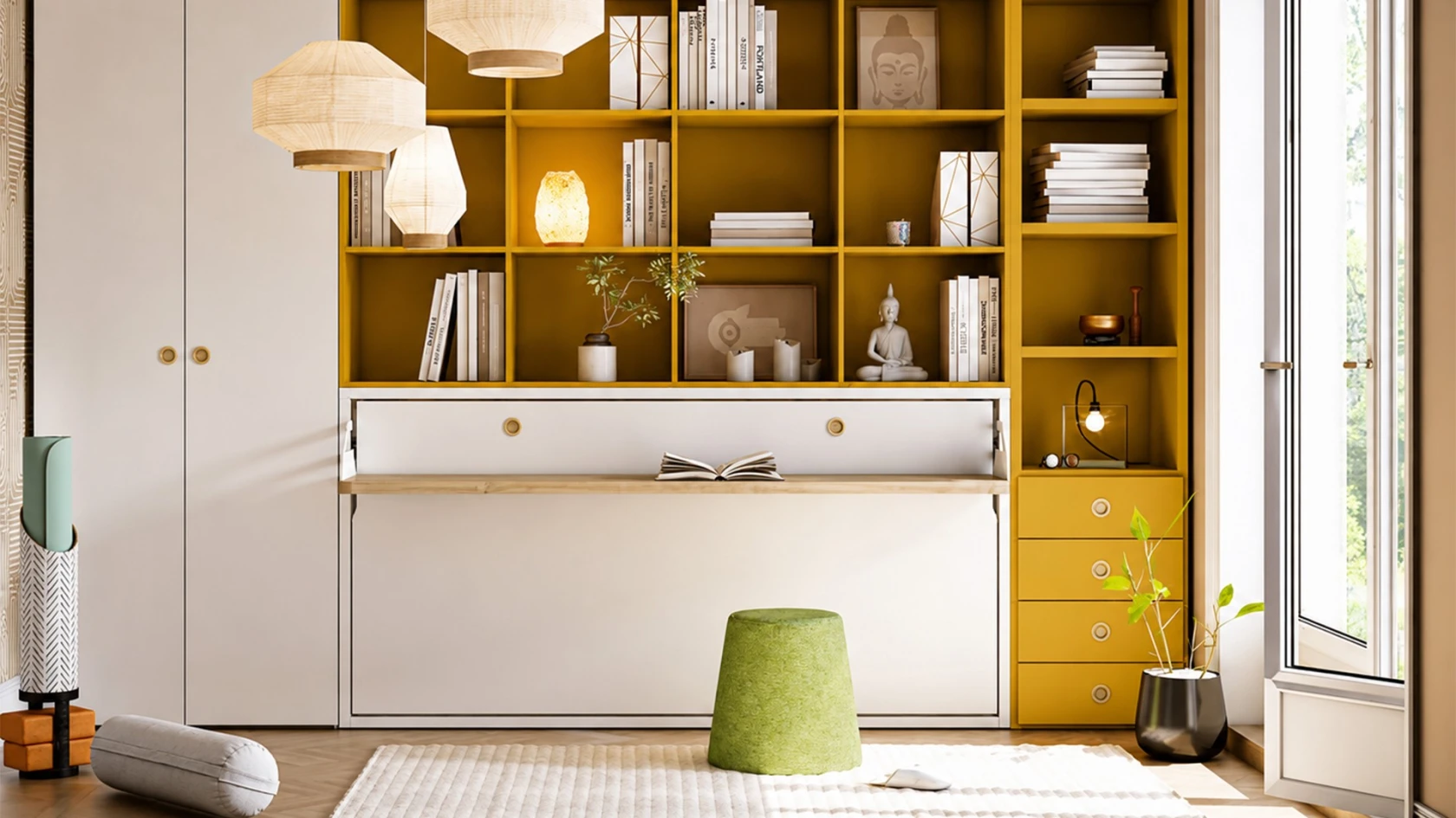 Lit escamotable horizontal avec bureau intégré fonctionnel