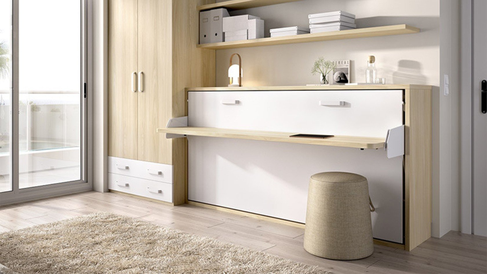 Lit escamotable horizontal avec bureau intégré fonctionnel